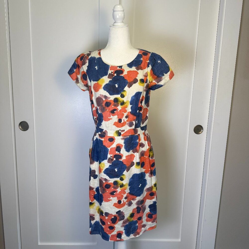J Crew Linen Blend Abstract Floral Print Short Sleeve Dress w/Pockets! Size 6